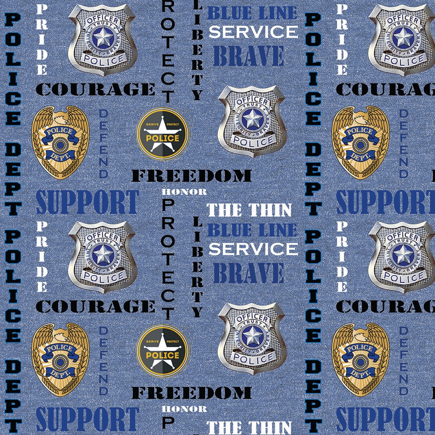Police Department Badges and Shields On Blue Woven Cotton Fabric Priced By The HALF Yard, From Sykel Enterprises NEW, Please See Description