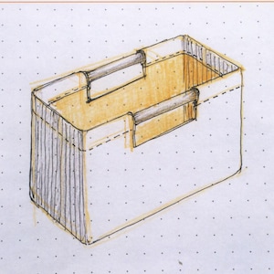 May include: A hand-drawn illustration of a tote bag with two handles. The bag is labeled "The "H" Bag" and has dimensions of 18 inches wide by 16 inches high by 9 inches deep for the jumbo size and 16 inches wide by 13 inches high by 8 inches deep for the regular size. The difficulty level is listed as "easy".