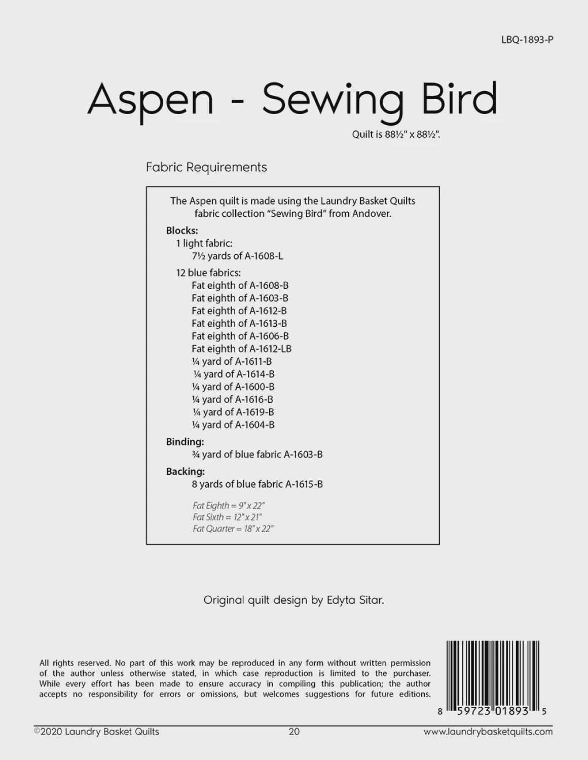 Aspen Quilt Pattern Aspen Sewing Bird Quilt Quilting Pattern From Laundry Basket Quilts ...