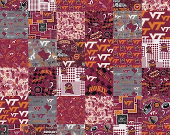 May include: A patchwork design featuring various patterns in maroon, orange, and gray. The design includes the Virginia Tech Hokies logo, the letters "VT", and the word "Hokies" in different fonts and styles. The overall theme is collegiate.