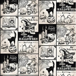 May include: Black and white Halloween themed digital paper with a repeating pattern of skulls, pumpkins, cats, potions, and books. The text "Happy Fright Night", "Best Witches", "I Put a Spell on You", and "For a Happy Halloween" is included in the design.