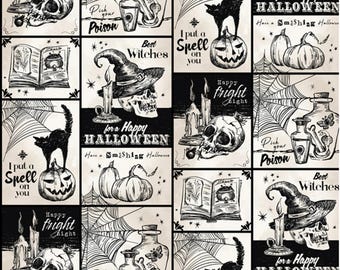 Wicked Patch Halloween on Cream Woven Cotton Fabric Priced By The HALF Yard From Timeless Treasures NEW, Please See The Description!