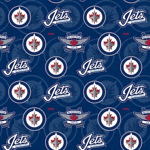 May include: A blue and white repeating pattern featuring the Winnipeg Jets NHL hockey team logo. The logo features a stylized jet plane with a red maple leaf on the tail fin. The words "Jets" and "Winnipeg" are written in a stylized font.
