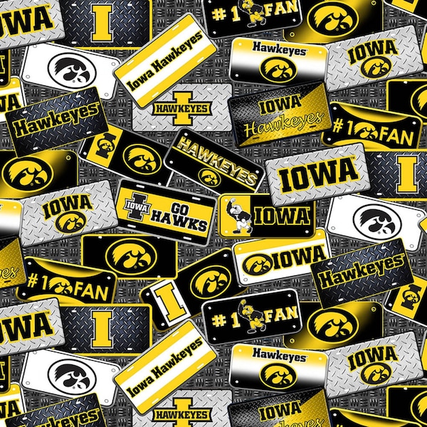 The University Of Iowa Hawkeyes License Plates Cotton Fabric Sold By The Half Yard, From Sykel Enterprises NEW