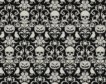 May include: A repeating pattern featuring skulls, jack-o'-lanterns, ravens, and spider webs in a gothic damask design. The design is in shades of black and off-white, creating a spooky Halloween theme.