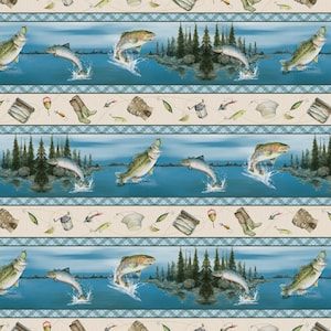 May include: A fabric pattern featuring horizontal bands of jumping fish in blue water with pine trees, alternating with beige strips displaying fishing gear like boots, lures, and reels. The design repeats with a plaid border detail.