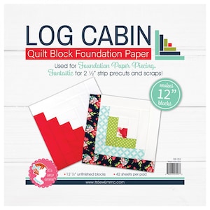 May include: Log Cabin Quilt Block Foundation Paper, a pack of 42 sheets that makes 12 12-inch unfinished quilt blocks. The paper is used for foundation paper piecing and is ideal for 2 1/2 inch strip precuts and scraps. The image shows two sample quilt blocks, one with red and white fabric and the other with green, blue, and white fabric.