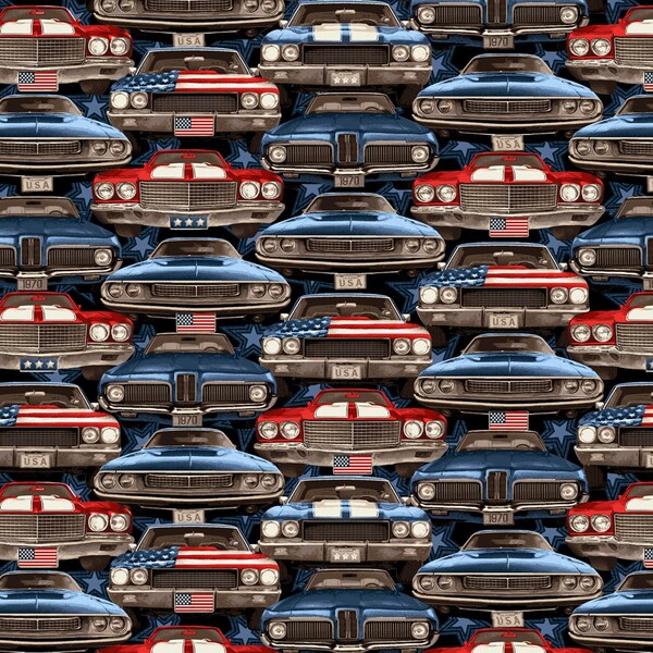 Patriotic On-Coming Muscle Cars On Blue Cotton Fabric, From Studio E Fabrics, Priced By The HALF Yard BRAND NEW, Please See Description!