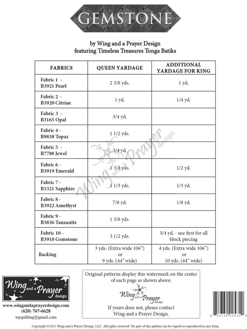 Gemstone Quilt Quilting Pattern From Wing and A Prayer Design BRAND NEW ...