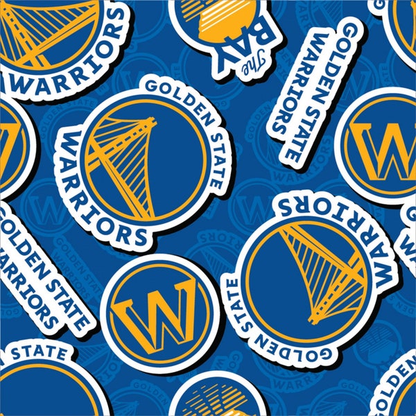 NBA Basketball Golden State Warriors Sticker Toss On Woven Cotton Fabric Priced By The HALF Yard, From Camelot Fabrics NEW, See Description