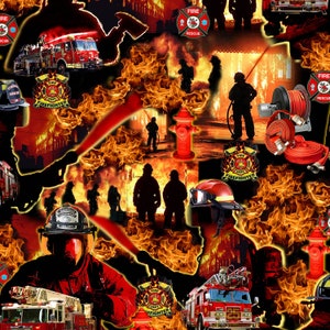 Red Under Fire Scenic Rescue Firefighters On Black All Over Fabric Priced By The HALF Yard, From Elizabeth's Studio