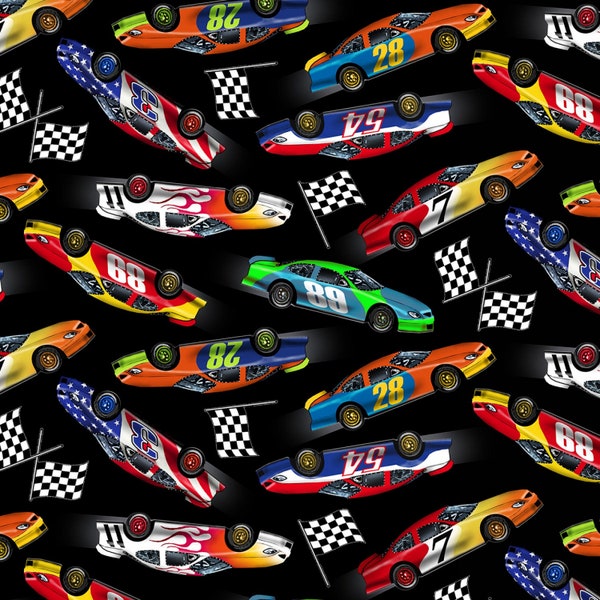 Race Cars All Over On Black Cotton Fabric Material Priced By The HALF Yard From Elizabeth's Studio BRAND NEW, Please See Description!