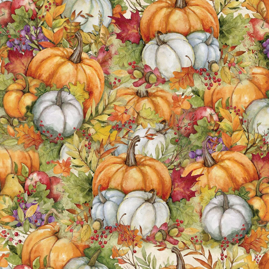 Harvest Pumpkins and Leaves on Woven Cotton Fabric, From Springs ...