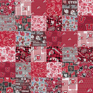 May include: A patchwork design featuring various red and white patterns. The design includes the letter "U", the word "UTES", and other University of Utah imagery. The fabric is a mix of floral, paisley, and geometric patterns.