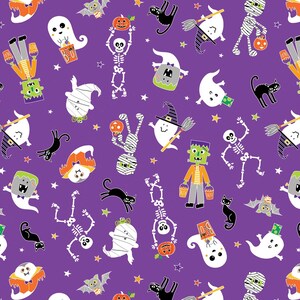 May include: A purple background with a repeating pattern of Halloween characters including ghosts, skeletons, mummies, and a Frankenstein monster. The characters are all wearing costumes and holding Halloween treats.