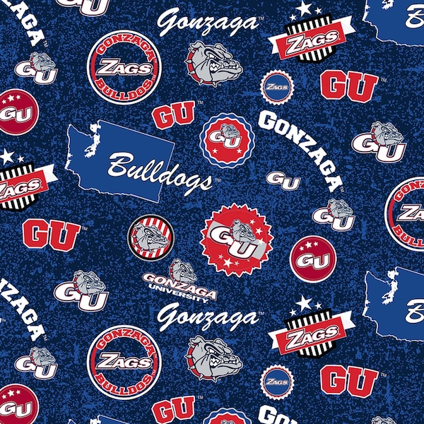 The Gonzaga University Bulldogs Home State All Over Cotton Fabric Priced By The HALF Yard, From Sykel Enterprises NEW