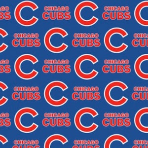 May include: A blue and red repeating pattern featuring the Chicago Cubs logo. The logo is a red "C" inside a white circle on a blue background. The words "Chicago Cubs" are written in white letters below the logo.