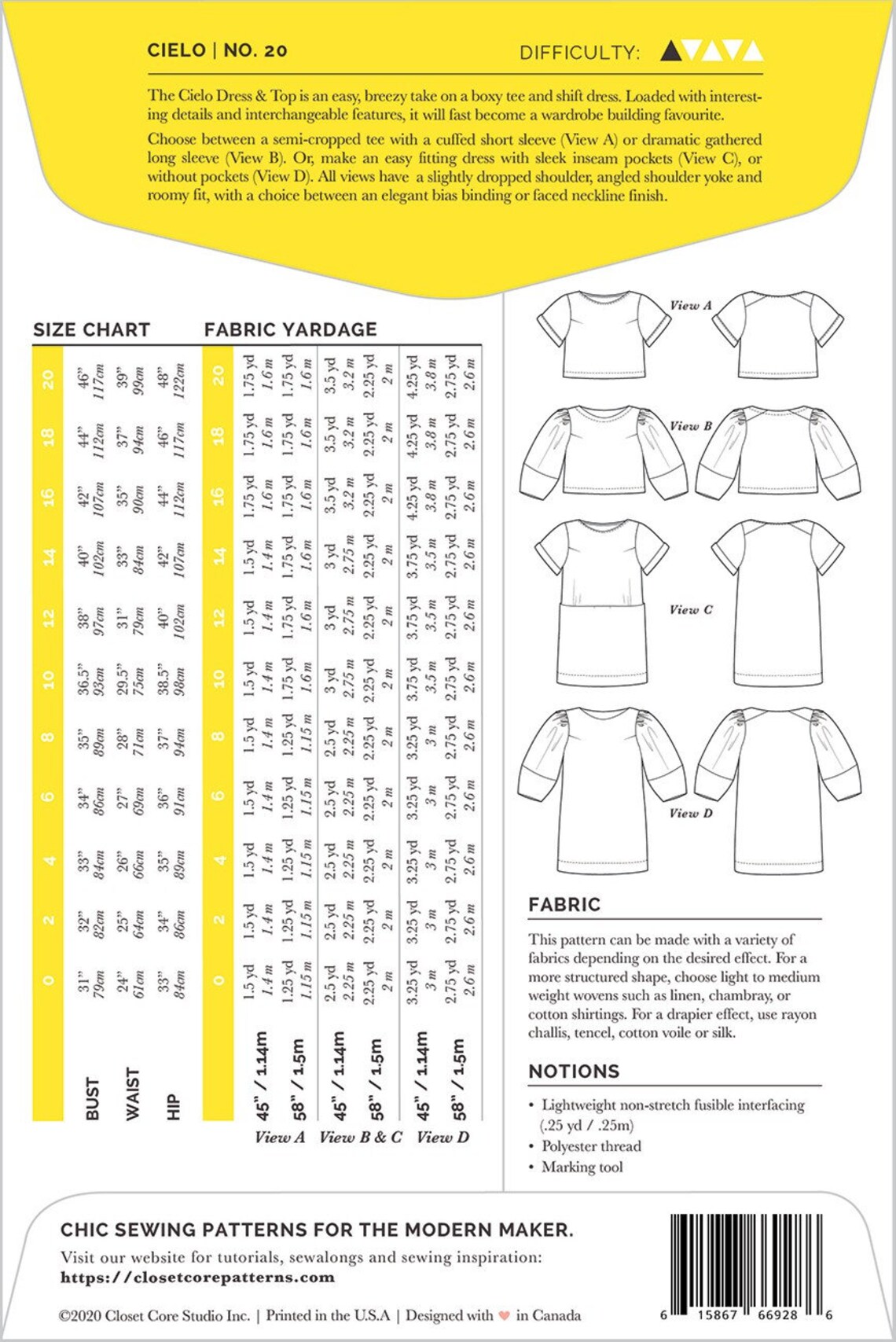 Pattern Cielo Cielo Top Shirt and Dress Sewing Pattern, Sizes 0-20, From Closet Core ...