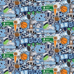 NCAA University of North Carolina Tar Heels Doodle Cotton Fabric, Priced By The HALF Yard, From Sykel Enterprises NEW, See Description!