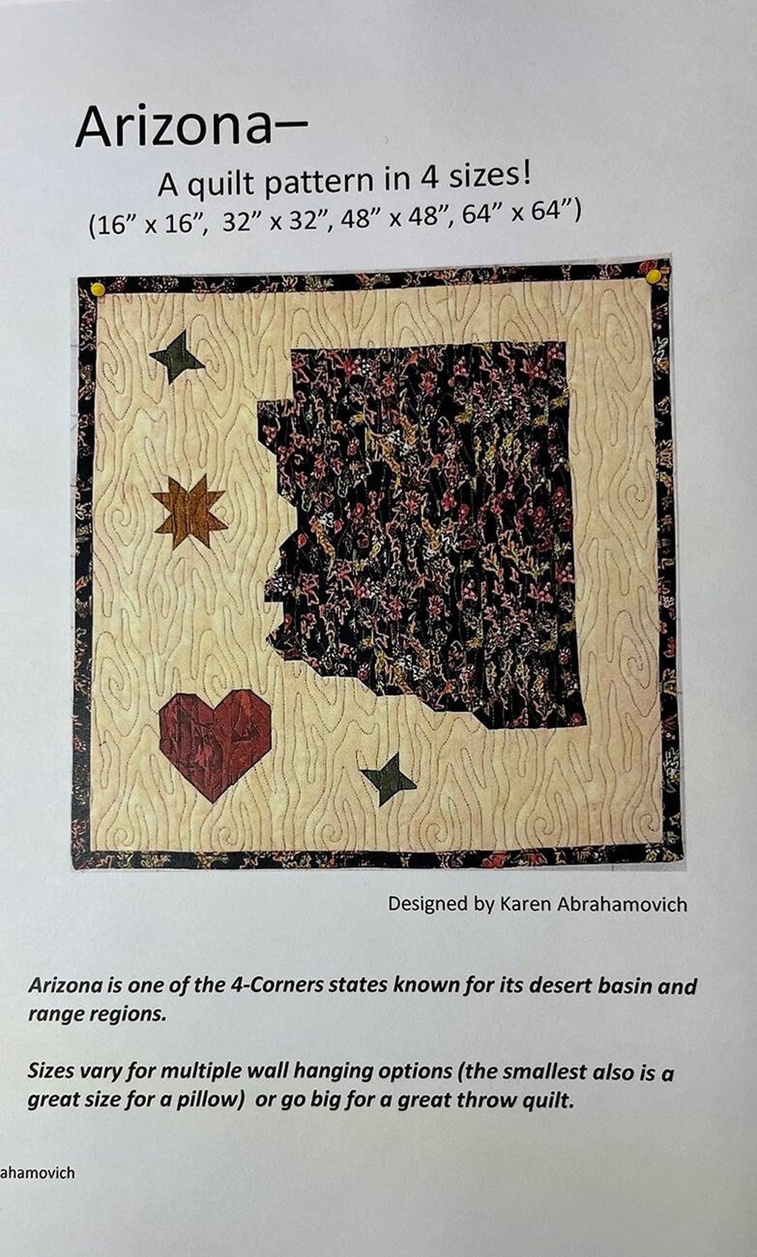State of Arizona Quilt Quilting Pattern From Karen Abrahamovich BRAND ...