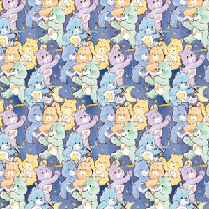 May include: A repeating pattern of colorful Care Bears holding hands against a blue background with stars and moons. The bears are all smiling and have different colored fur and symbols on their bellies.