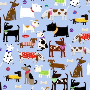 May include: A seamless pattern featuring a variety of colorful cartoon dogs on a light blue background. The dogs are all different breeds and have different expressions and accessories. Some of the dogs are wearing bandanas, while others are holding bones or balls. The pattern is perfect for fabric, wallpaper, or wrapping paper.