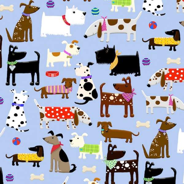 Dogs Puppies On Blue Comfy FLANNEL Fabric Priced By The HALF Yard, From A.E. Nathan Fabrics NEW, Please See Description For More Info!