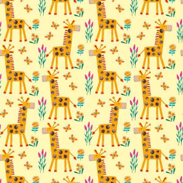 Yellow Tossed Giraffes Animals All Over On Cotton Fabric Priced By The HALF Yard From Henry Glass & Co. NEW