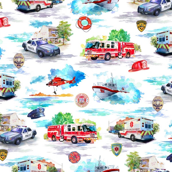 First Responders On Woven Cotton Fabric From Hoffman Fabrics BRAND NEW, Priced By The HALF Yard, Please See The Description For More Info!