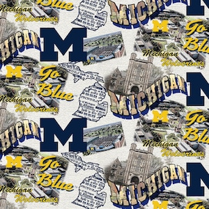 University Of Michigan Wolverines Scenic Maps All Over Cotton Fabric Sold By The Half Yard, From Sykel Enterprises NEW