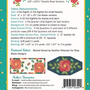 May include: A sewing pattern for a Rose Garden Runner quilt, designed by Heather Peterson. The pattern includes fabric requirements, sizes, and a featured fabric from Riley Blake Designs. The runner measures 30" x 59" (76 x 150 cm).