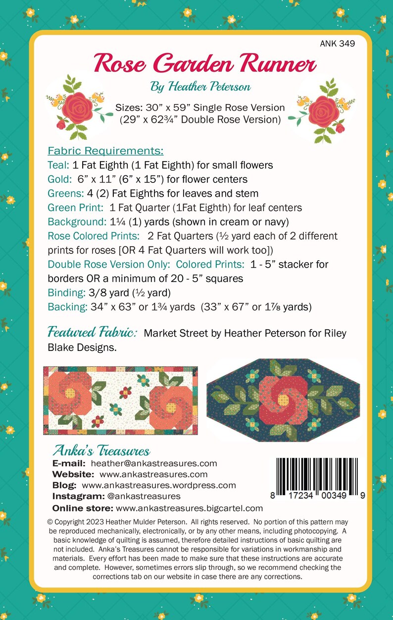 May include: A sewing pattern for a Rose Garden Runner quilt, designed by Heather Peterson. The pattern includes fabric requirements, sizes, and a featured fabric from Riley Blake Designs. The runner measures 30" x 59" (76 x 150 cm).