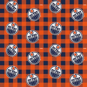 NHL Hockey Edmonton Oilers Buffalo Plaid On Cotton FLANNEL Fabric, Priced By The HALF Yard, From Sykel Enterprises New, See Description!