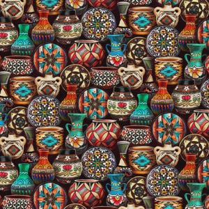 May include: A repeating pattern of various ceramic vessels and plates in a Southwestern style. The vessels are in shades of red, orange, turquoise, and green, with intricate geometric designs. The plates feature floral and starburst patterns.