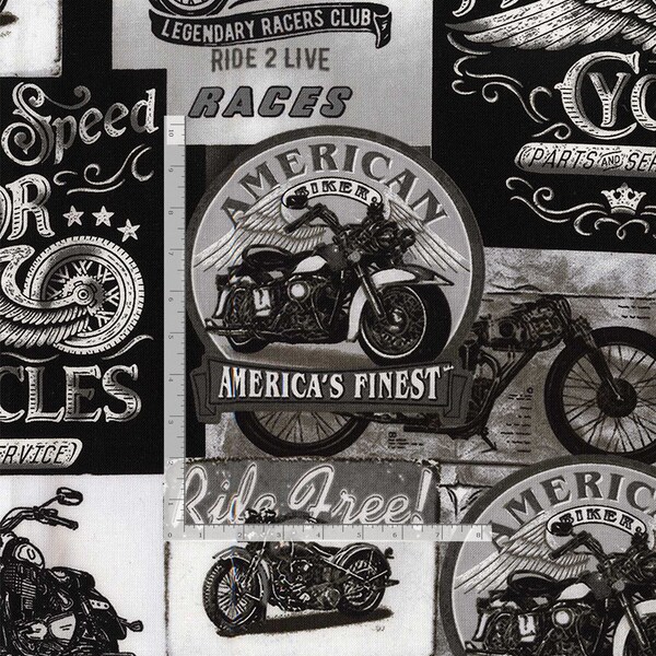 Packed Vintage Motorcycle Pictures And Signs Cotton Fabric Priced By The HALF Yard From Timeless Treasures NEW, Please See The Description!