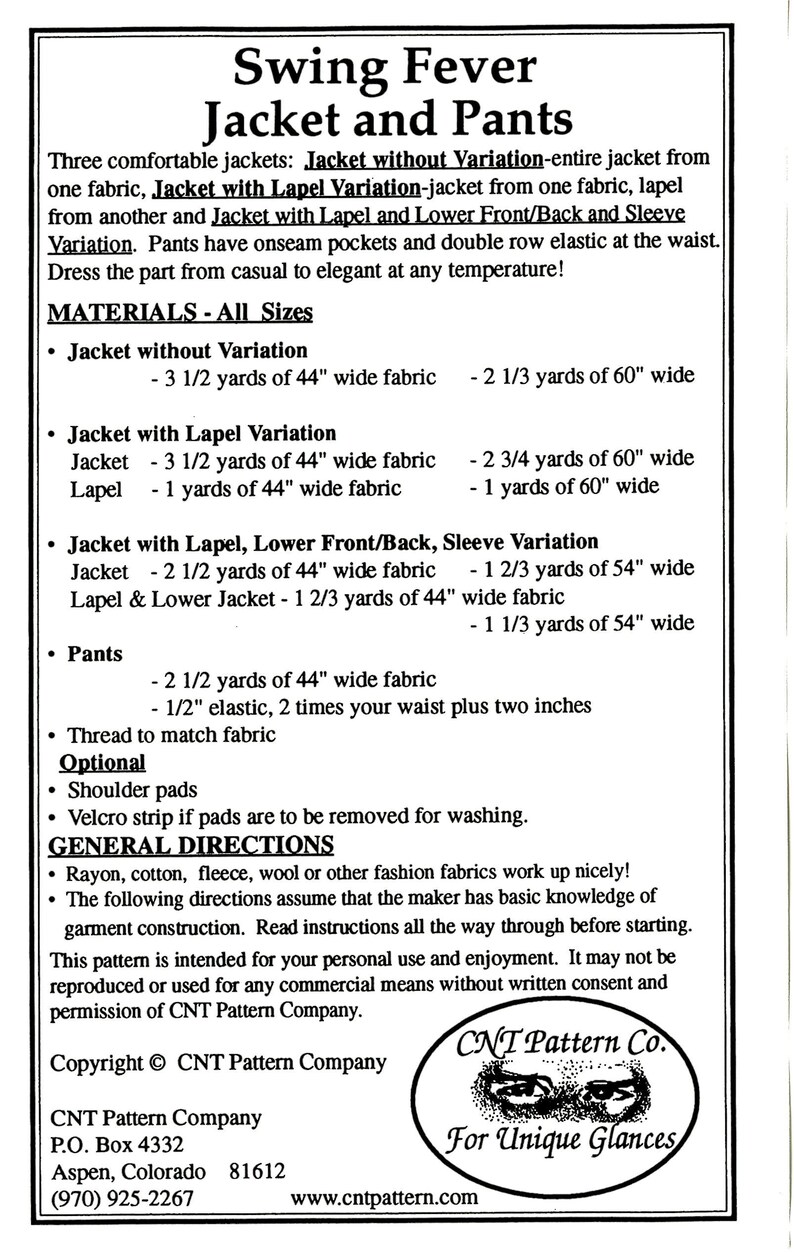 Swing Fever Jacket and Pants Size 826 Sewing Pattern From CNT Etsy