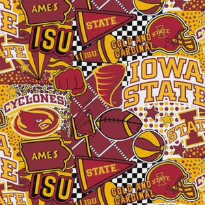 May include: A repeating pattern featuring Iowa State University logos and symbols. The design includes the words "IOWA STATE", "ISU", "CYCLONES", and "STATE" in gold and cardinal red. Footballs, helmets, and stars are also present.