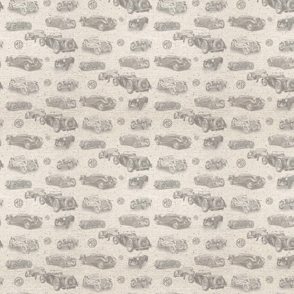 Textured MG British Motor Cars Allover On Cream Cotton Fabric, From Michael Miller Fabrics Sold By The Half Yard NEW