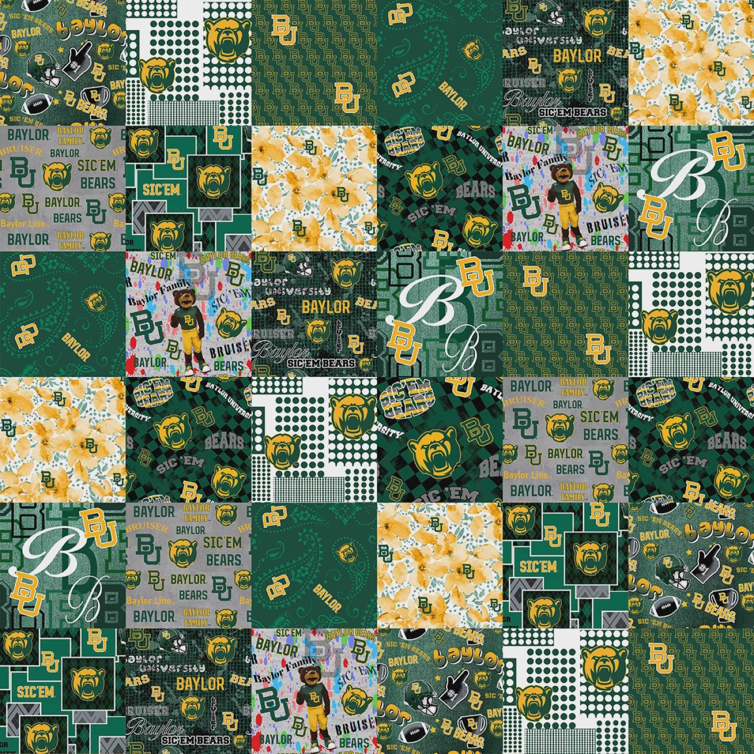 NCAA Baylor University Bears Cheater Quilt Cotton Fabric Priced By The HALF Yard, From Sykel Enterprises NEW, Please See Description!