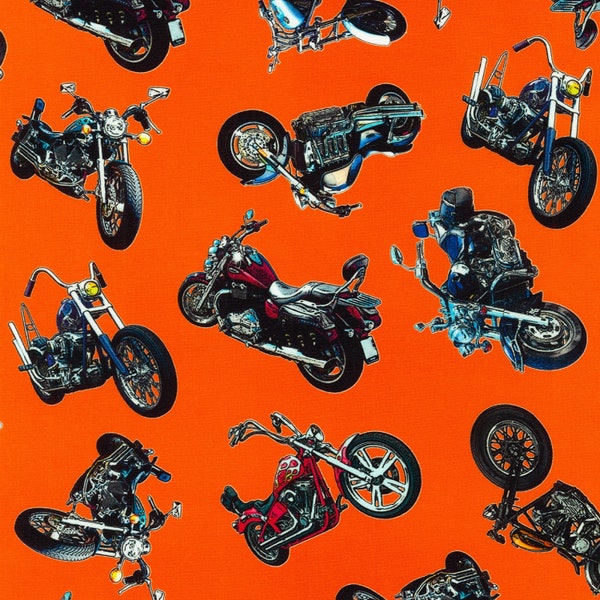 On The Road Motorcycles On Orange Woven Cotton Fabric Material Priced By The HALF Yard From Robert Kaufman NEW, Please See Description!