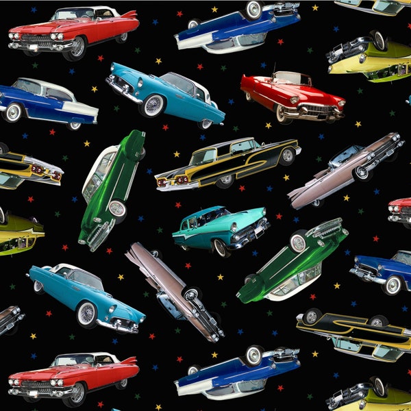 Classic Vintage Cars All Over On Black Cotton Fabric Material Priced By The HALF Yard From Elizabeth's Studio NEW, Please See Description!