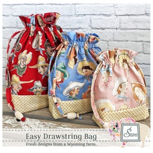 Easy Drawstring Bag Sewing Pattern, Makes 3 Sizes, From Sewn Wyoming NEW, Please See Item Description and Pictures For More Information!