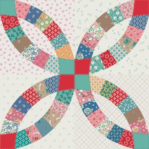 May include: A colorful patchwork quilt featuring a four-petal design. Each petal is formed by a series of curved, rectangular patches in various floral and patterned fabrics. The quilt's color palette includes red, blue, pink, and green, set against a cream background.