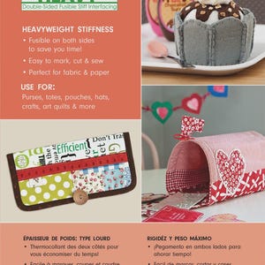 May include: Fast 2 Fuse Heavy interfacing for fabric crafts. The image shows a felt sundae project, a patchwork wallet, and a pink mailbox with a heart design. The interfacing is 15" x 18" and is double-sided and fusible.