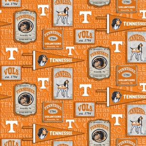 The University Of Tennessee Vintage Pennant Allover Cotton Fabric Priced By The HALF Yard, From Sykel Enterprises NEW, See Description!