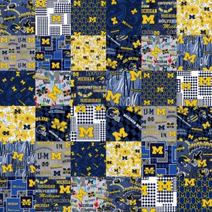 NCAA University Of Michigan Wolverines Cheater Quilt Cotton Fabric Priced By The HALF Yard, From Sykel Enterprises NEW, See Description!