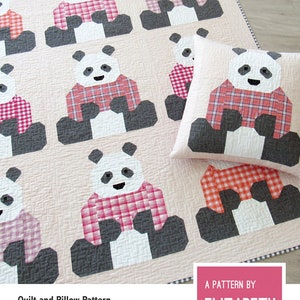 May include: A quilt and pillow pattern featuring adorable pandas wearing plaid sweaters. The pattern is titled "Pandas in Sweaters" and is by Elizabeth Hartman.