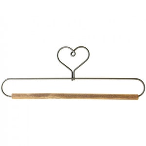 May include: A metal hanger with a heart-shaped top and a wooden dowel. The hanger is designed for hanging clothes or other items.
