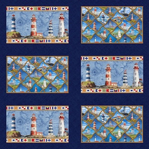 May include: Six rectangular fabric panels with nautical lighthouse designs. Each panel features lighthouses in red, white, and blue, set against a blue map background. Some panels have a grid pattern with rope borders and nautical flags.