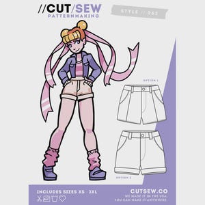 May include: A sewing pattern guide titled //CUT/SEW PATTERNMAKING STYLE // 062 featuring an illustration of a character wearing a purple jacket, striped shirt, and shorts, alongside two technical line drawings of shorts labeled OPTION 1 and OPTION 2.